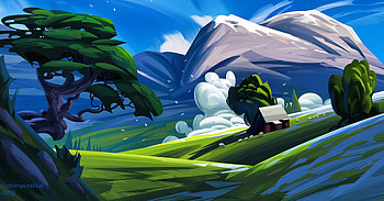 Landscape, Art, Mountains, House, Paints HD wallpaper