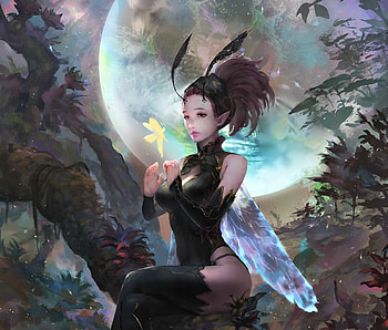 Moon fairy, blue, black, art, cglas, lizz the moon priest, fantasy, game, luna, legend of the cryptids, luminos HD wallpaper