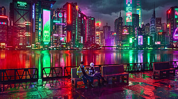 Cyberpunk Edgerunners - Lucy & David Cyberpunk Cityscape & Lake, Cyberpunk: Edgerunners, Lucy (Cyberpunk: Edgerunners), David (Cyberpunk: Edgerunners), Cityscape, Lake HD wallpaper