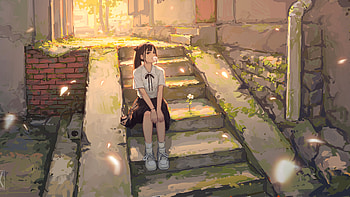 Anime Girl With Bubble Uniform On Steps Anime Girl HD wallpaper