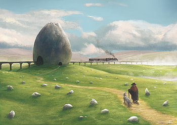 The train, dog, man, train, country, anime, green, sheep, hirokima, luminos, realistic, manga, caine, cloud HD wallpaper