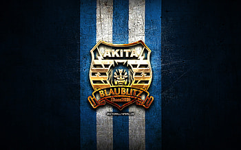 Blaublitz Akita FC, golden logo, J2 League, blue metal background, football, japanese football club, Blaublitz Akita logo, Blaublitz Akita HD wallpaper