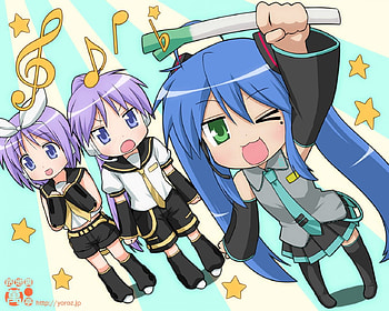 Lucky Star Vocaloid, ren, lucky star, rin, tsubasa, miku, kagami, anime, konata, cosplay HD wallpaper