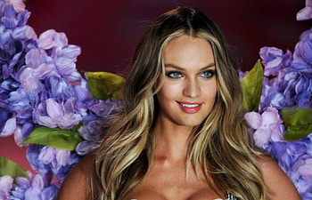 Candice Swanepoel, wings, model, blue eyes, smile, girl, angel, beauty, woman, purple, flower, victoria s secret HD wallpaper