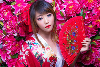ღ, Asian, Bea, Hand fan, Red, Flowers HD wallpaper
