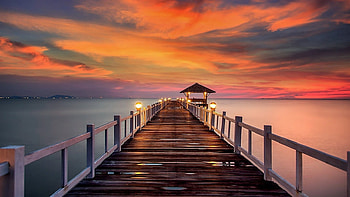 ocean pier, pier, lights, ocean, sunset HD wallpaper