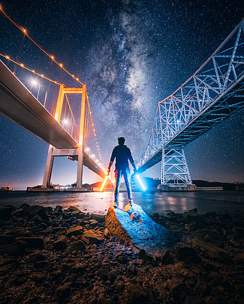 Dark, Night City, Bridge, Neon, Human, Person, Lightsaber, Lightsabers HD phone wallpaper