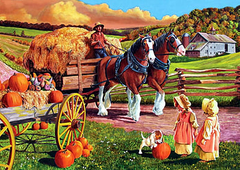 Hay Wagon, pumpkins, artwork, horse, painting, man, kids, fields, countryside HD wallpaper