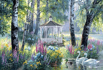 Forest Gazebo, artwork, swans, birds, painting, trees, flowers, pond HD wallpaper
