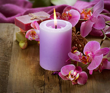 Orchids and candle, Candle, Soap, Orchids, Spa HD wallpaper