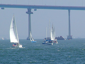 Bay Bridge, coronado, boats, bay, bridge, sail, water, lake HD wallpaper
