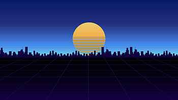 City view, synthwave, moon, silhouette HD wallpaper