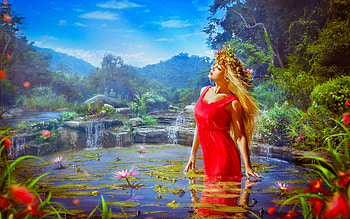 Beauty in the Water, water, lake, woman, art, blonde, , girl, beautiful, red dress, digital, fantasy, nature HD wallpaper