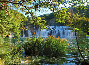 Krka national park, fall, beautiful, national park, branches, waterfall, trees, greenery, nature, flowers, water, lovely, forest HD wallpaper
