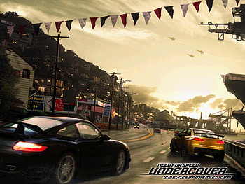 need for speed -undercover two car racing, videogame, black, ea gmae, racing, cars, chasing, yellow, port race, game, back to back, need for speed-undercover HD wallpaper