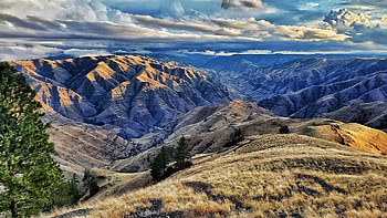 Imnaha River Canyon outside Joseph, OR, mountains, autumn, landscape, clouds, trees, sky, usa HD wallpaper