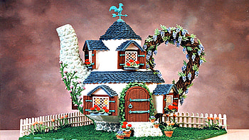 Gingerbread Teapots House, White, Beautiful, Gingerbread, Teapots, Flowers, Blue HD wallpaper