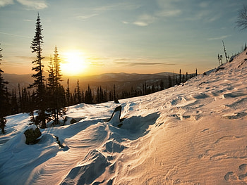 Mountain sunset, landscape, sun, sunset, tree, mountain HD wallpaper