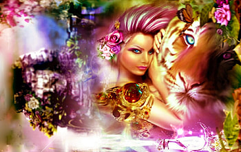 Girl and Tiger, tiger, art, , girl, beautiful, woman, pink, digital, fantasy, pretty, female HD wallpaper