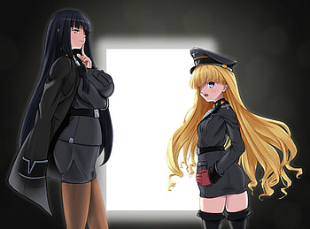 Grecia Gobbels and Retia Adolf, uniform, cute, grecia gobbels, long hair, beauty, daiteikoku, blonde hair, retia adolf, sexy, skirt, blue eyes, orange eyes, hot, beautiful, beauties, black hair, anime girls HD wallpaper