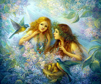 Angels, birds, art, chicks, girls, nest HD wallpaper