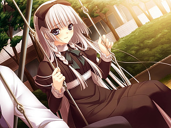 Hime, braid, ribbon, bushes, swing, girl, dress, anime, trees HD wallpaper
