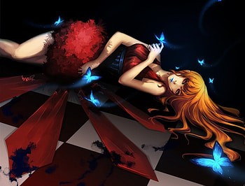 Udonnodu Girl, checkered floor, sexy, orange hair, alone, hot, long hair, dress, anime girl, butterfly, lipstick, cool, laying, female HD wallpaper