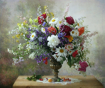 Summer garden, Flowers, Fruits, Bouquet, Vase HD wallpaper