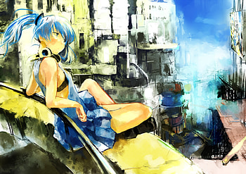 Hatsune Miku, awesome, artistic, nice, digital, cg, hatsune, aqua eyes, white, art, twintail, girl, singer, aqua, anime girl, anime, pretty, virtual, blue, black, song, cute, vocaloid, dress, beauty, miku, buildings, music, painting, vocaloids, thighhighs, program, city, beautiful, diva, gray, aqua hair, cool, idol HD wallpaper