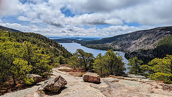 Acadia National Park, Maine, lake, hills, landscape, clouds, sky, rocks, usa HD wallpaper