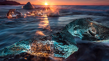 Sunset over Lagoon, waves, sky, nature, rocks, lagoon, sunset, ice, ocean HD wallpaper