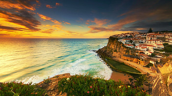 Azenhas do Mar, Portugal, sea, clouds, colors, sky, houses, rocks, sunset, village HD wallpaper