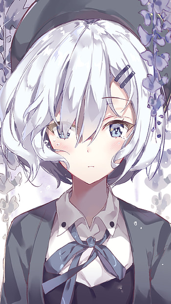 Silent Tears: White-Haired Anime Girl, tears, hat, white hair, short hair, Anime, girl, anime girl HD phone wallpaper