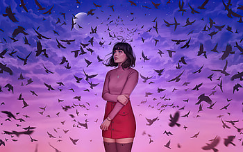Teen girl and birds, calm and relaxed sunset HD wallpaper