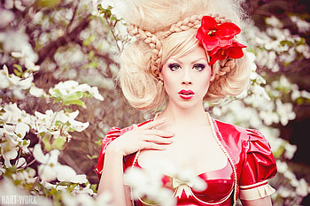 in_bloom, lady, model, red, flowers, bloom HD wallpaper