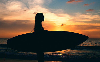 Surf girl at sunset, Beach beauty, Golden hour magic, Tranquil paradise HD wallpaper
