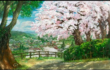 Scenery, town, nice, scenic, cherry blossom, cloud, sweet, scene, city, house, tree, plant, anime, pretty, sakura, building, nature, sky, sakura blossom, paiting, lovely HD wallpaper