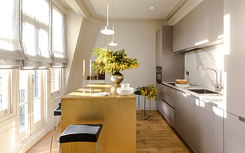 stylish design kitchen interior, modern interior, kitchen, gray furniture in the kitchen, idea for the kitchen HD wallpaper