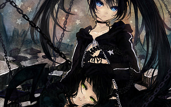 two anime girls, blue, cartoon, black, black rock shooter, artistic, anime, pretty, drawing, manga HD wallpaper