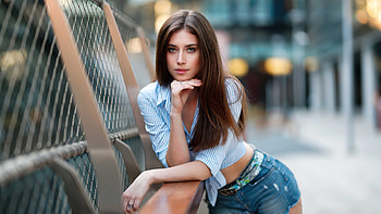 Beautiful Black Hair Girl Model Is Standing In Blur Bokeh Background Wearing Blue Shirt Top And Jeans Shorts Dress Girls HD wallpaper