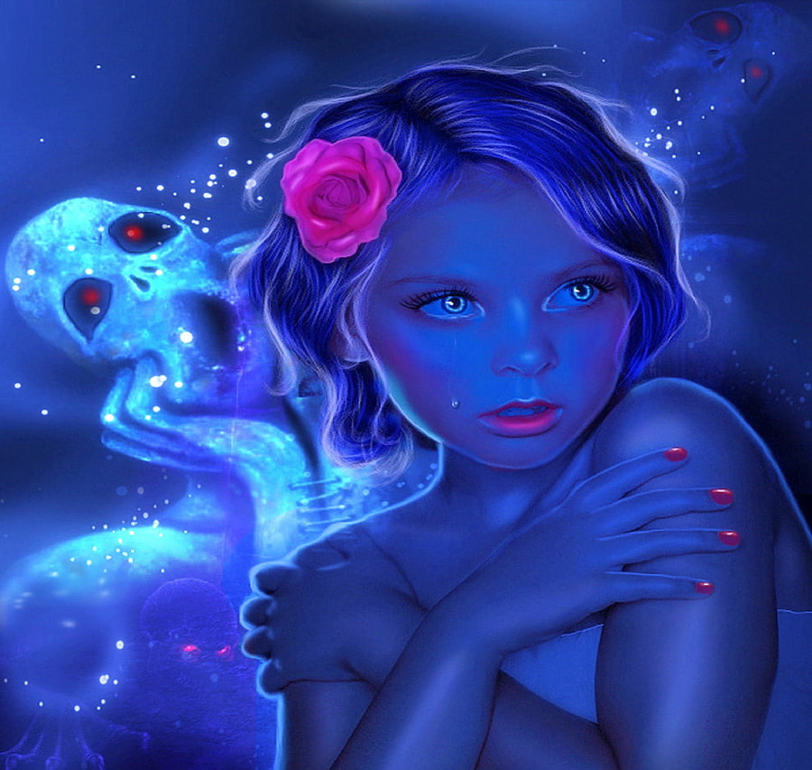 ~Fear Horror~, scary, emotional, softeness beauty, colors, digital art, fear horror, halloween, ghost, roses, weird things people wear, dark, creative pre-made, dark blue, fear, manipulation, horror, girls, spiritual, model female HD wallpaper