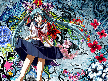 Miku-Hatsune, uniform, cute, vocaloid, school uniform, long hair, dress, miku, abstract, flower, female, sexy, hatsune miku, hot, girl, anime girl, anime, green hair HD wallpaper