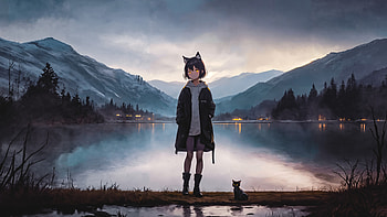 Cat Girl Lake Trees White Hoodie Mountains, AI Art, Anime, girl, anime girl HD wallpaper