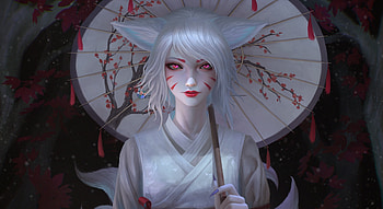 Kitsune, parasol, face, luminos, girl, fox, white, frumusete, art, gorgeous, superb, fantasy HD wallpaper