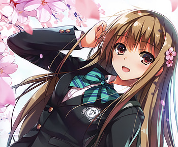 Happiness, anime girl, smile, happy, flowers, school, school uniform, long hair, bloom HD wallpaper