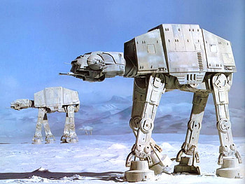 at-at, blue sky, shadows, snow, clouds, mountains HD wallpaper