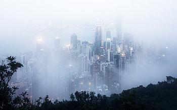 Hong Kong, fog, morning, skyscrapers, Hong Kong cityscape, Asia, modern buildings HD wallpaper