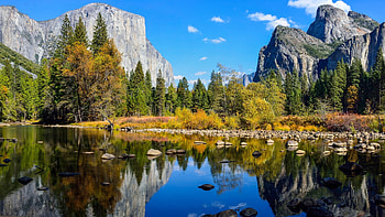 Beautiful scenery of Yosemite, awesome, lakescape, Yosemite National Park, reflections, nice, scenery, 1920x1080, El Capitan, reflex, mountains, scenario, mirror, riverscape, landscape, rocks, tree, lake, panorama, nature, mountainscape, beautiful day, river, scenic, autumn, amazing, scene, national parks, beautiful, pine, cool, clouds, sky, splendor HD wallpaper