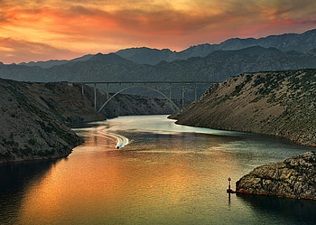 Maslenica bridge, river, boat, beautiful, croatia, sunset HD wallpaper