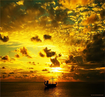 Skies of gold, boat, golden sky, clouds, water, sunset, ocean HD wallpaper
